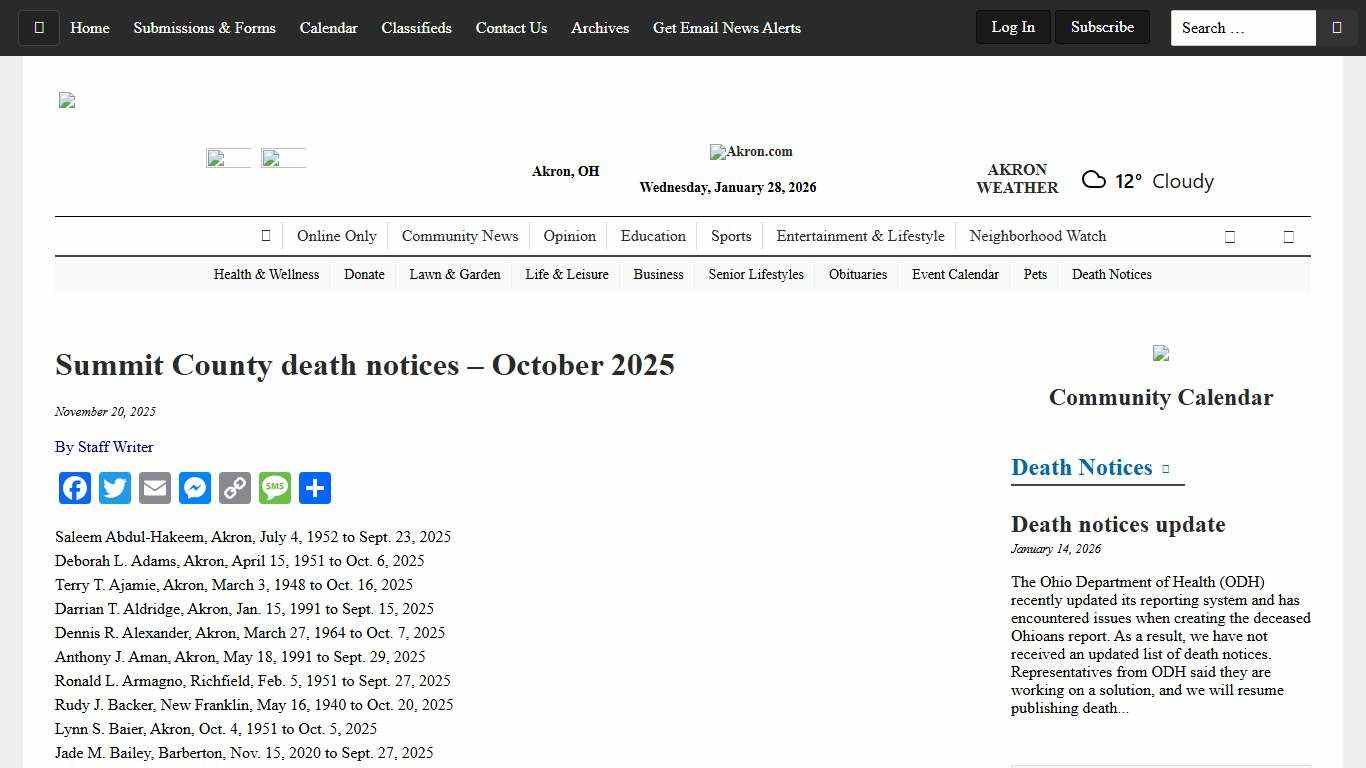 Summit County death notices – October 2025 - Akron.com
